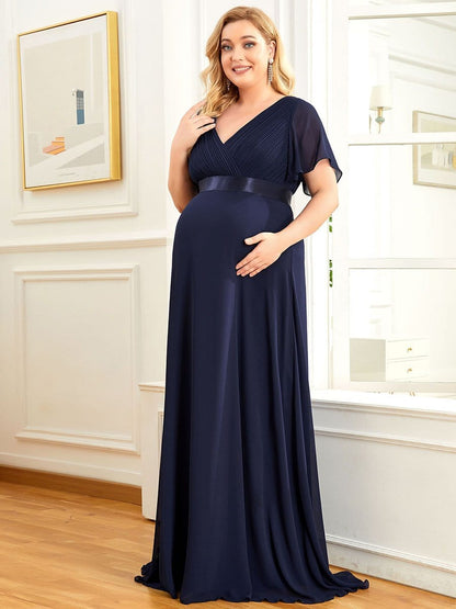 Ruched Bodice Flowy Chiffon Floor-Length Bump Friendly Dress with Sleeves #color_Navy Blue 