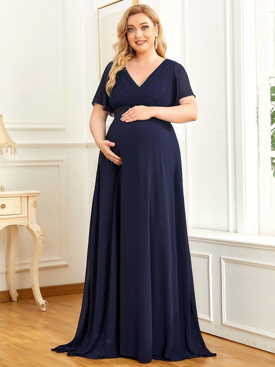 Ruched Bodice Flowy Chiffon Floor-Length Bump Friendly Dress with Sleeves #color_Navy Blue 