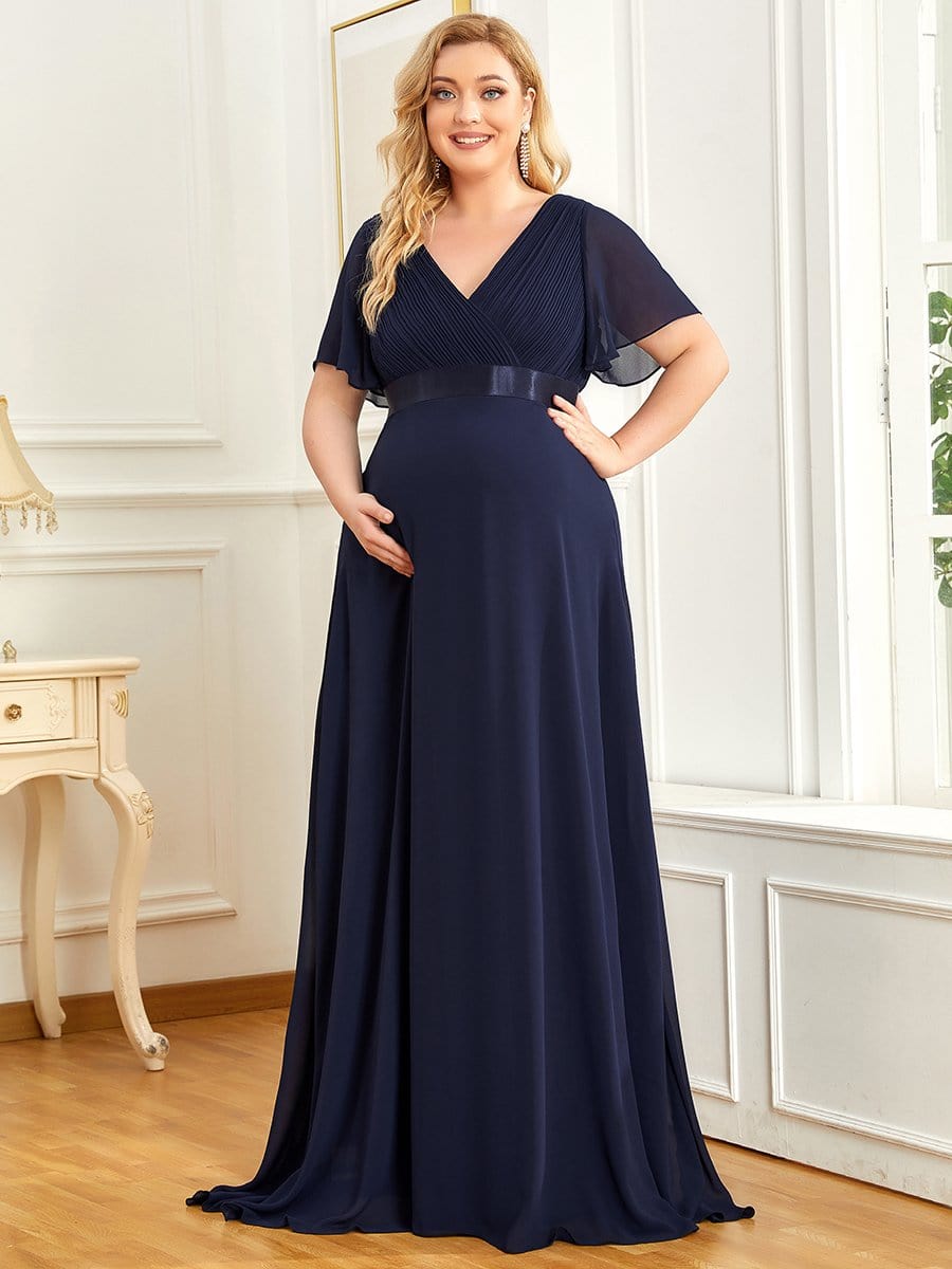 Plus Size Ruffle Sleeve Floor-Length Formal Maternity Dress #color_Navy Blue 