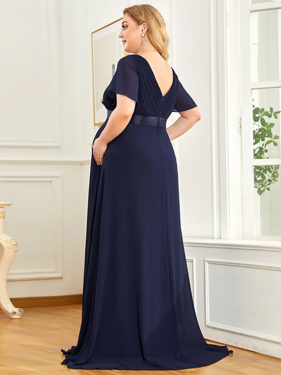 Ruched Bodice Flowy Chiffon Floor-Length Bump Friendly Dress with Sleeves #color_Navy Blue 