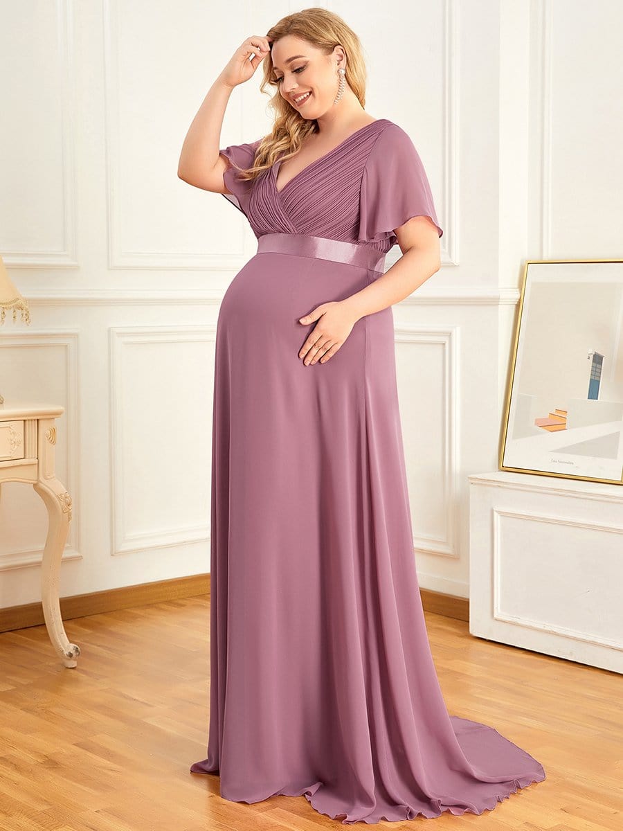 Plus Size Ruffle Sleeve Floor-Length Formal Maternity Dress #color_Purple Orchid 