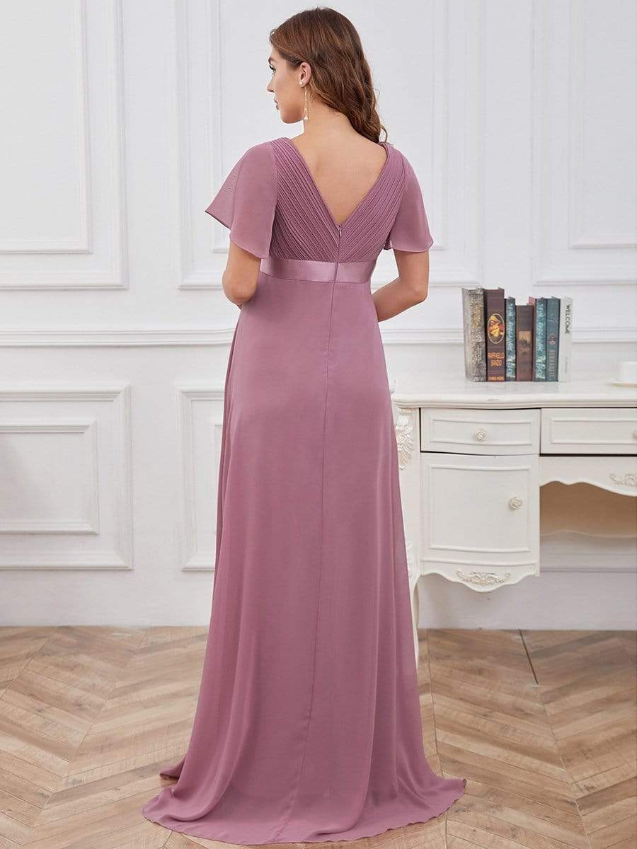 Ruched Bodice Flowy Chiffon Floor-Length Bump Friendly Dress with Sleeves #color_Purple Orchid 