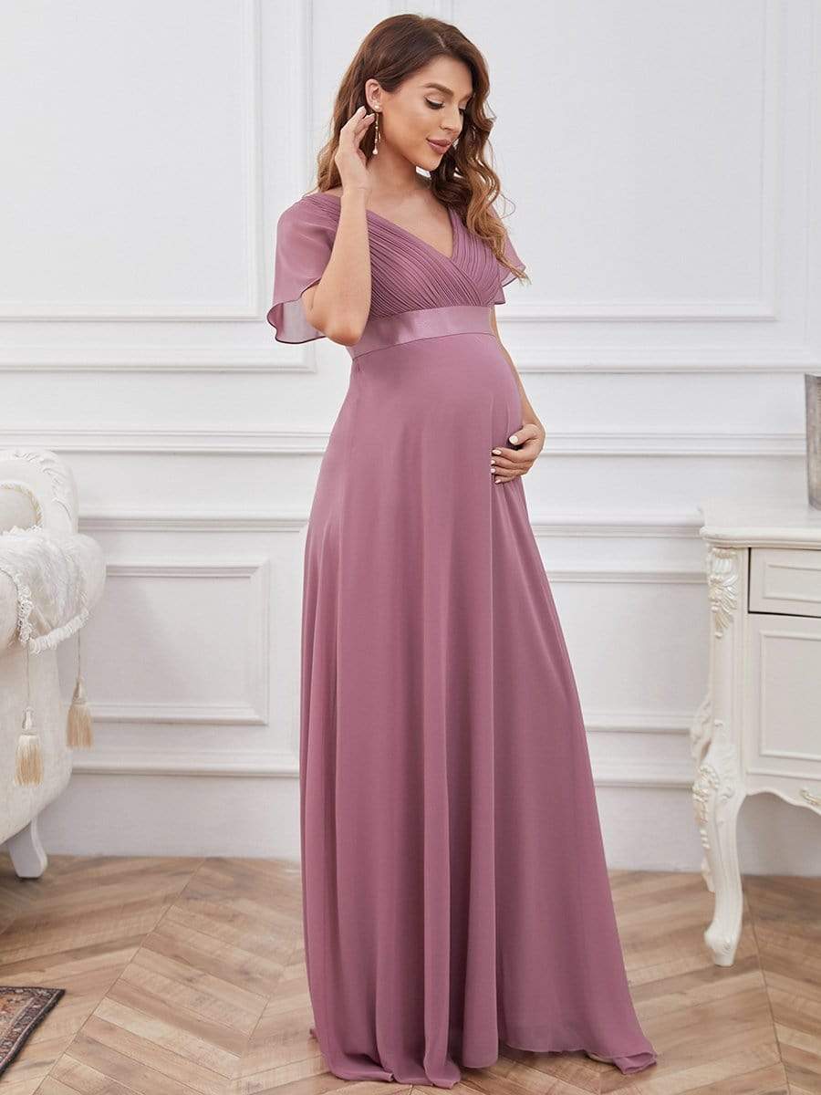 Ruched Bodice Flowy Chiffon Floor-Length Bump Friendly Dress with Sleeves #color_Purple Orchid 