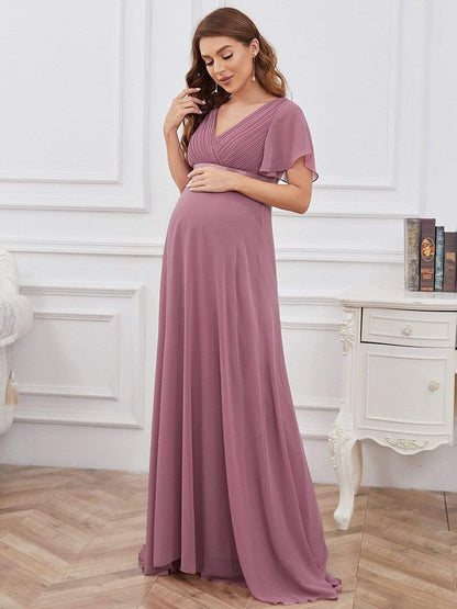 Ruched Bodice Flowy Chiffon Floor-Length Bump Friendly Dress with Sleeves #color_Purple Orchid 