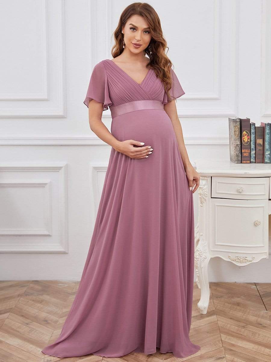 Ruched Bodice Flowy Chiffon Floor-Length Bump Friendly Dress with Sleeves #color_Purple Orchid 