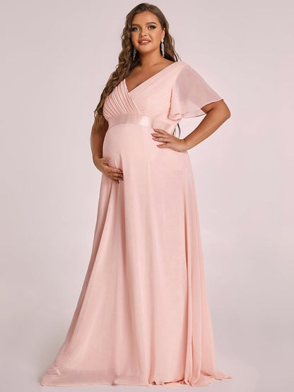 Plus Size Ruffle Sleeve Floor-Length Formal Maternity Dress #color_Pink 