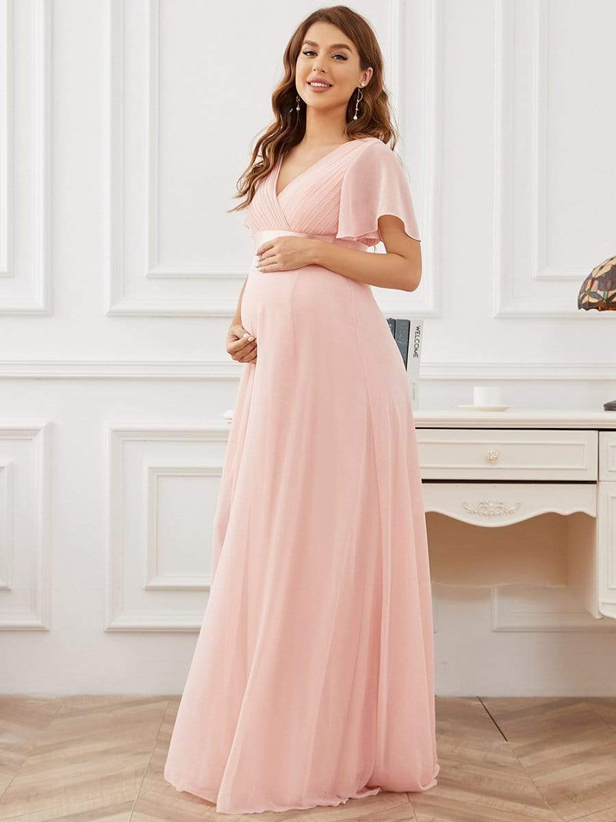 Ruched Bodice Flowy Chiffon Floor-Length Bump Friendly Dress with Sleeves #color_Pink 