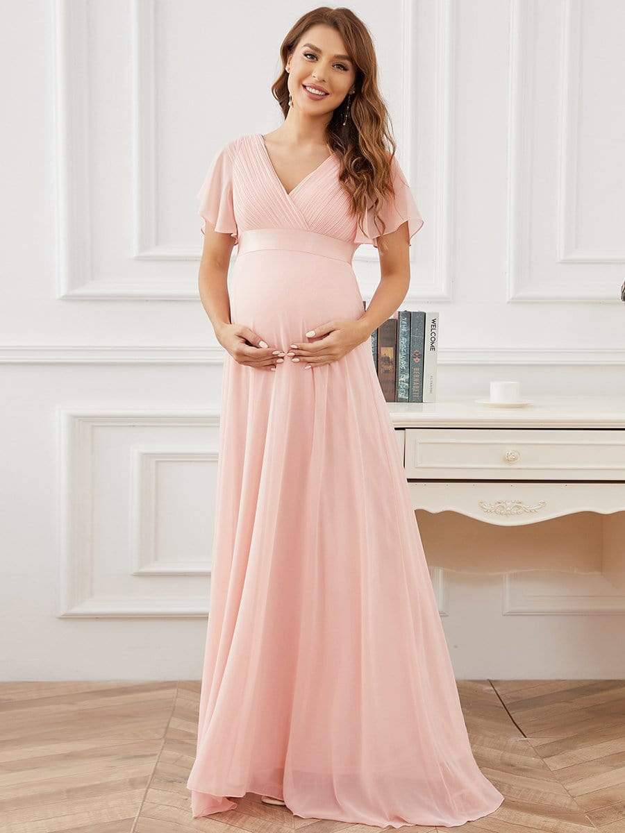 Ruched Bodice Flowy Chiffon Floor-Length Bump Friendly Dress with Sleeves #color_Pink 