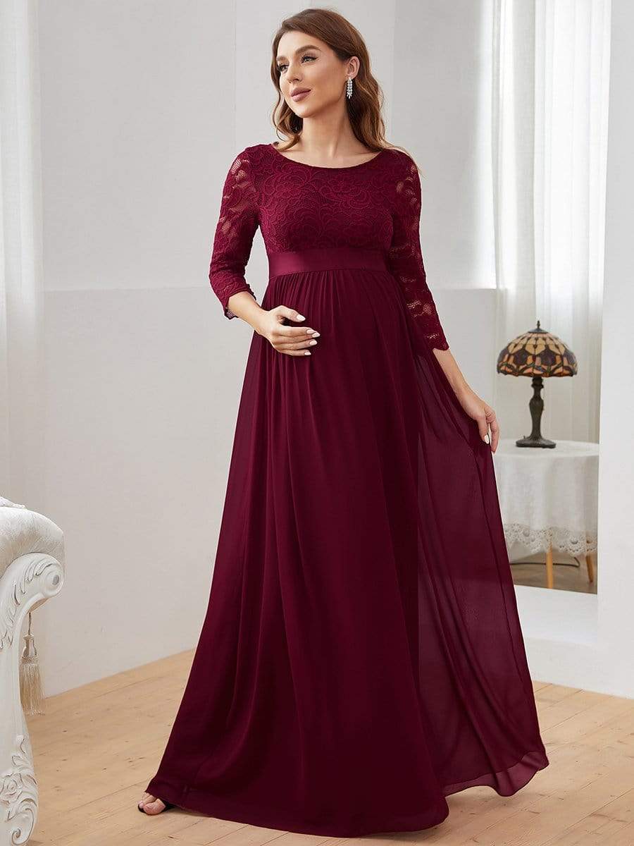 Sweetheart 3/4 Sleeve Floor-Length Lace Bump Friendly Dress #color_Burgundy 