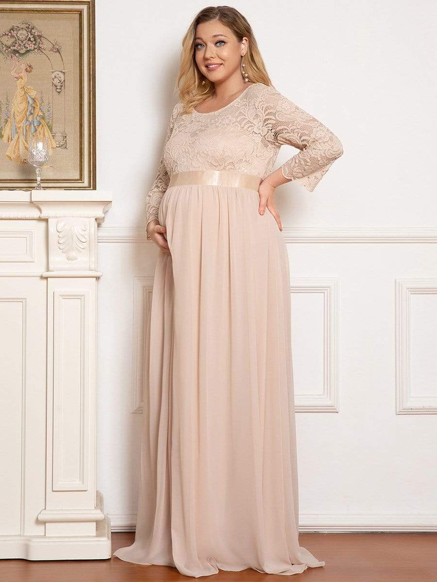 Plus Size Long Lace Sleeve Maternity Formal Dresses #color_Blush 