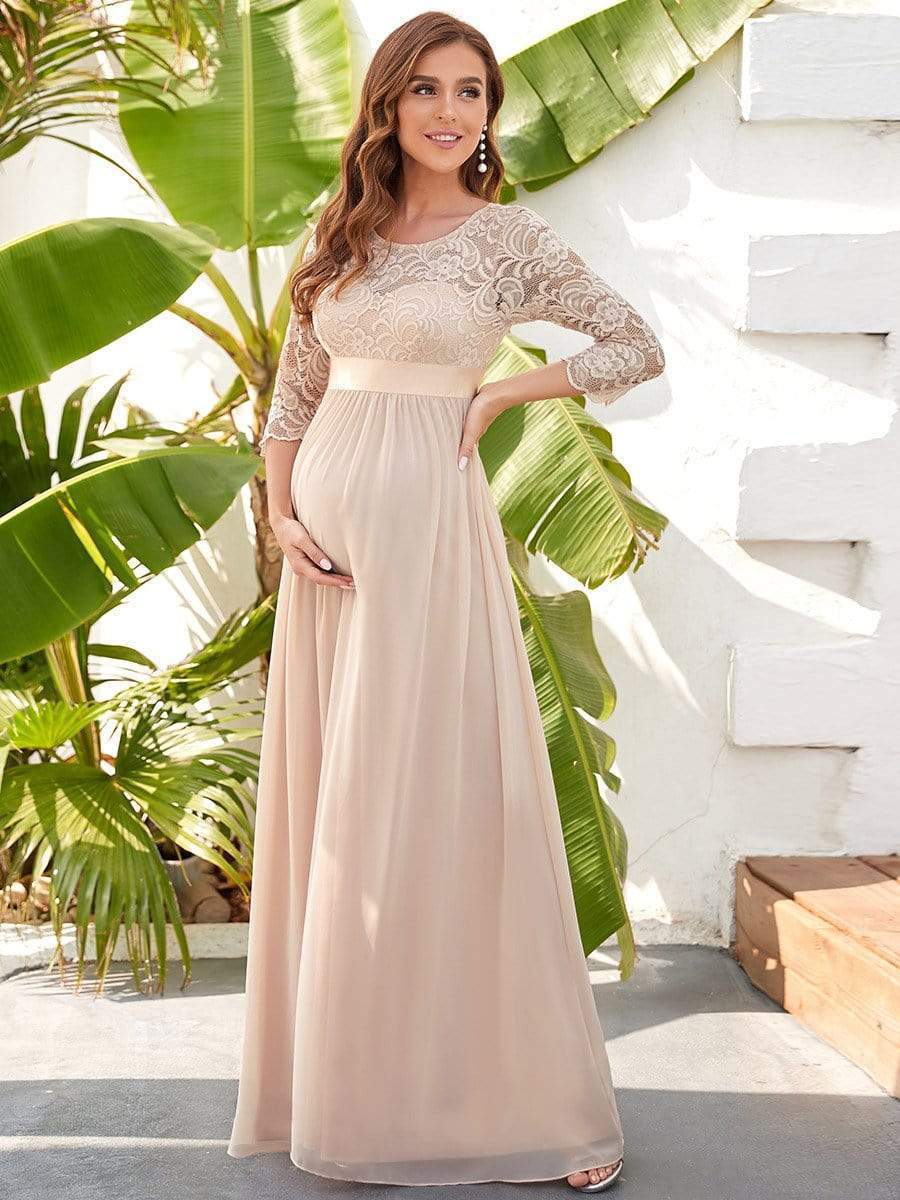 Sweetheart 3/4 Sleeve Floor-Length Lace Bump Friendly Dress #color_Blush 