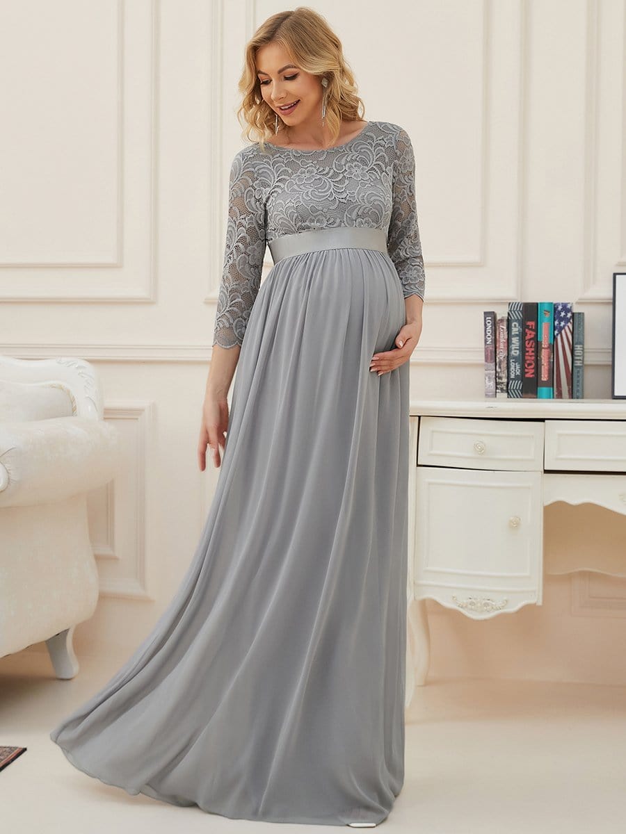 Sweetheart 3/4 Sleeve Floor-Length Lace Bump Friendly Dress #color_Grey 