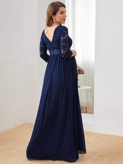 Sweetheart 3/4 Sleeve Floor-Length Lace Bump Friendly Dress #color_Navy Blue 