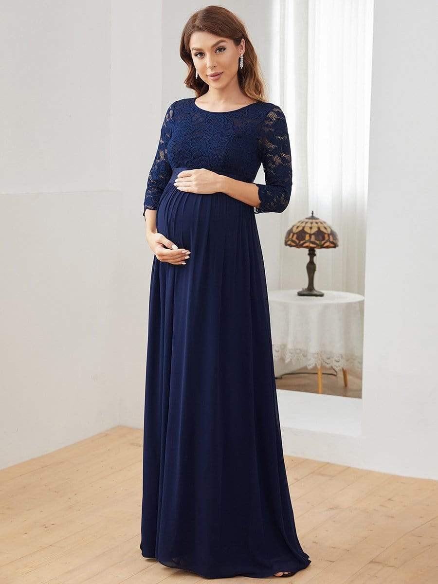 Sweetheart 3/4 Sleeve Floor-Length Lace Bump Friendly Dress #color_Navy Blue 