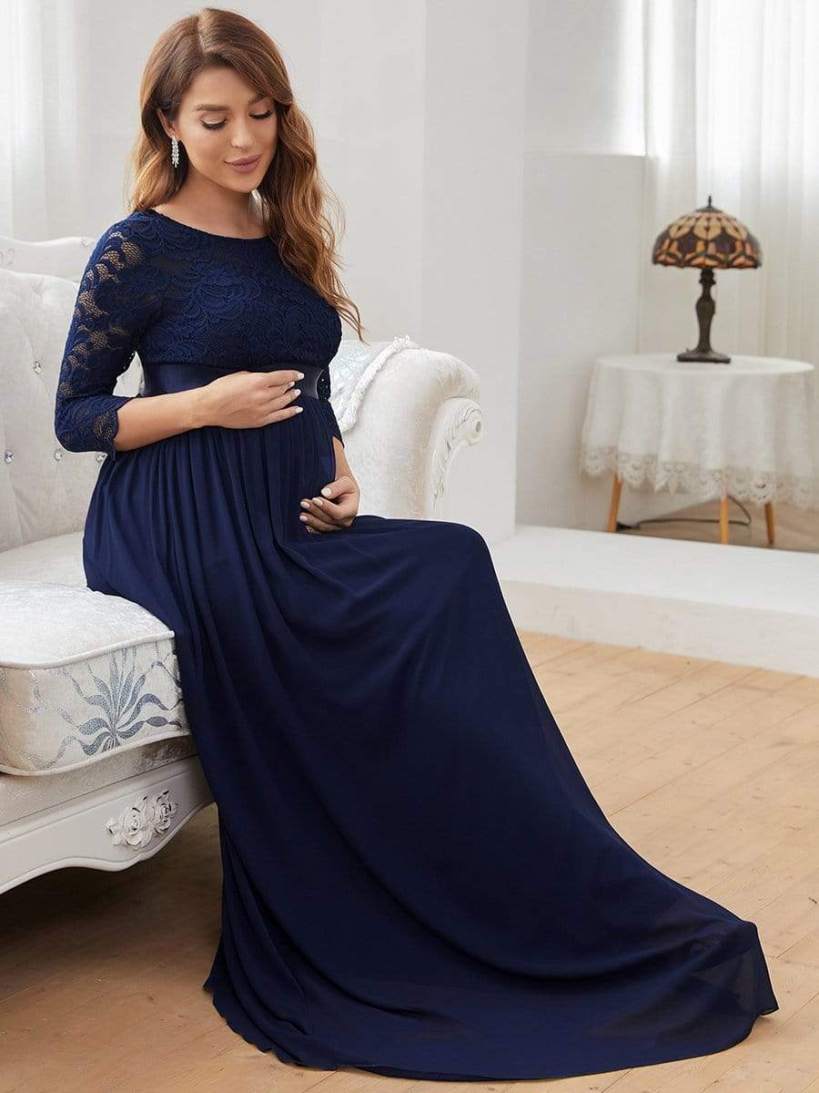 Sweetheart 3/4 Sleeve Floor-Length Lace Bump Friendly Dress #color_Navy Blue 