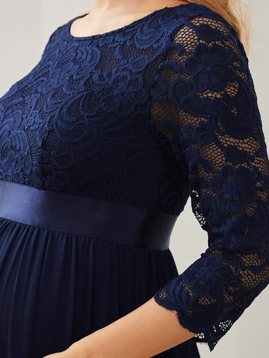 Sweetheart 3/4 Sleeve Floor-Length Lace Bump Friendly Dress #color_Navy Blue 