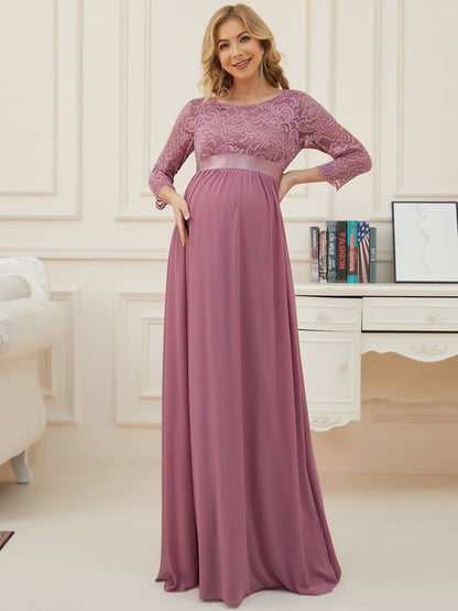 Sweetheart 3/4 Sleeve Floor-Length Lace Bump Friendly Dress #color_Purple Orchid 