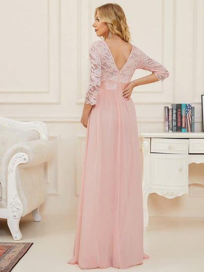 Sweetheart 3/4 Sleeve Floor-Length Lace Bump Friendly Dress #color_Pink 