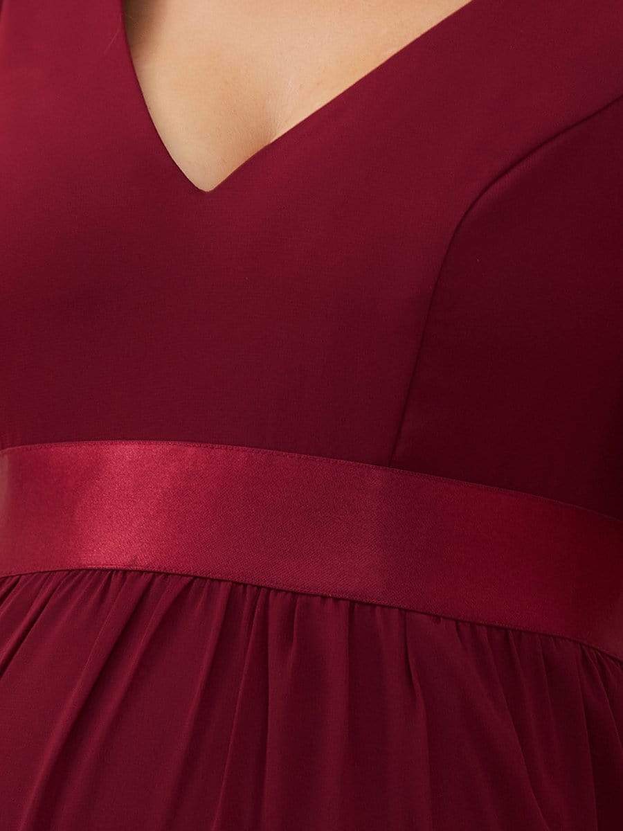 Floral Print V-Neck Short Sleeve Ruffle Bump Friendly Dress #color_Burgundy 