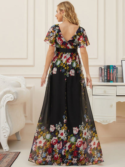 Floral Print V-Neck Short Sleeve Ruffle Bump Friendly Dress #color_Black and Printed 