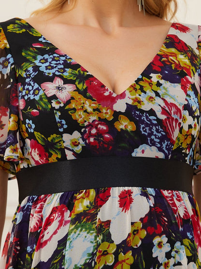 Floral Print V-Neck Short Sleeve Ruffle Bump Friendly Dress #color_Black and Printed 