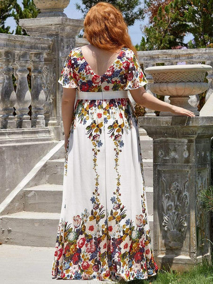 Plus Size Floral Print V-Neck Short Sleeve Ruffle Bump Friendly Dress #color_Printed Cream 