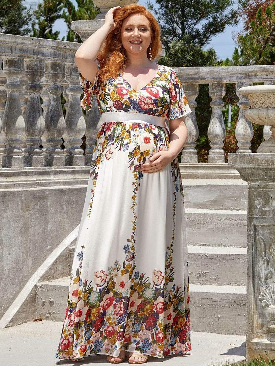 Plus Size Floral Print V-Neck Short Sleeve Ruffle Bump Friendly Dress #color_Printed Cream 