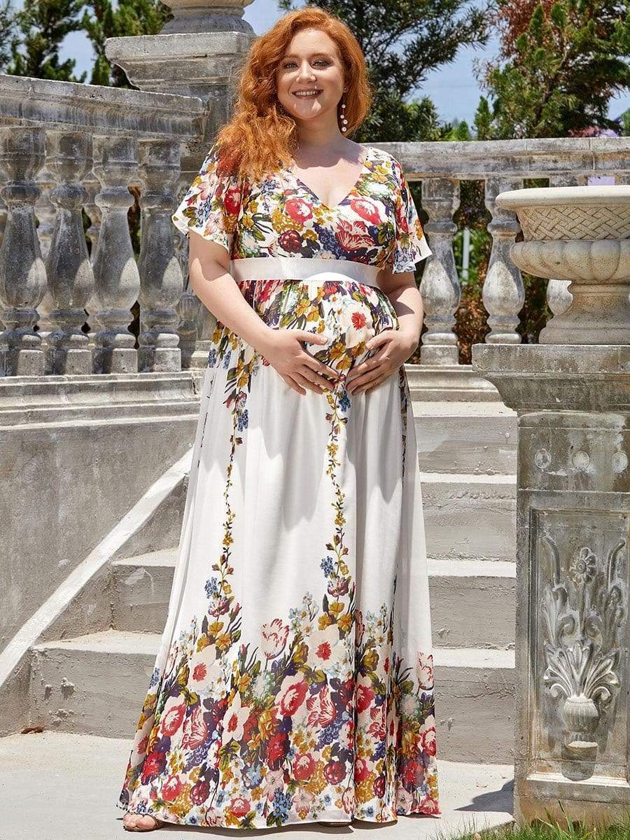 Plus Size Floral Print V-Neck Short Sleeve Ruffle Bump Friendly Dress #color_Printed Cream 