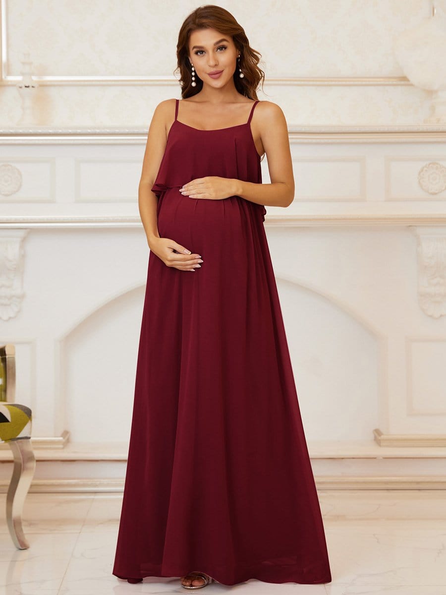 Ruffle Top Spaghetti Strap A-Line Maternity Dress #color_Burgundy 