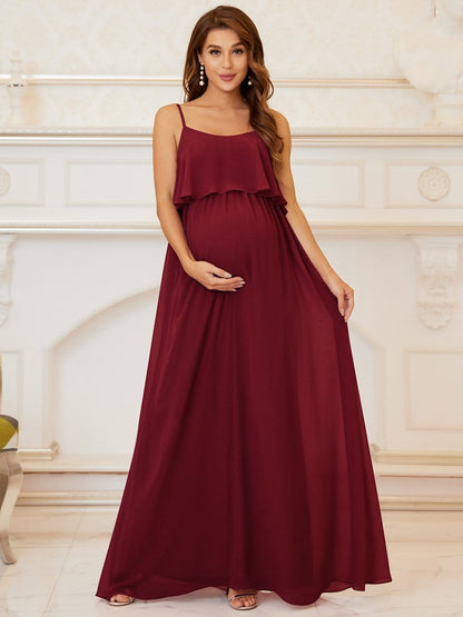 Ruffle Top Spaghetti Strap A-Line Maternity Dress #color_Burgundy 