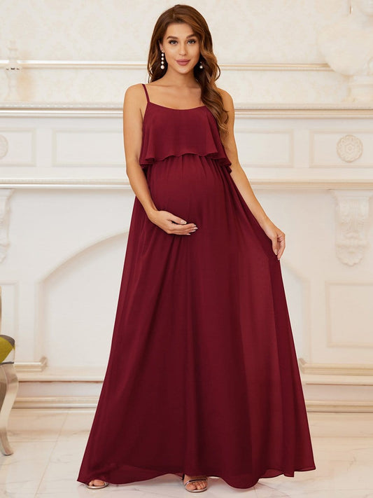 Ruffle Top Spaghetti Strap A-Line Maternity Dress #color_Burgundy 