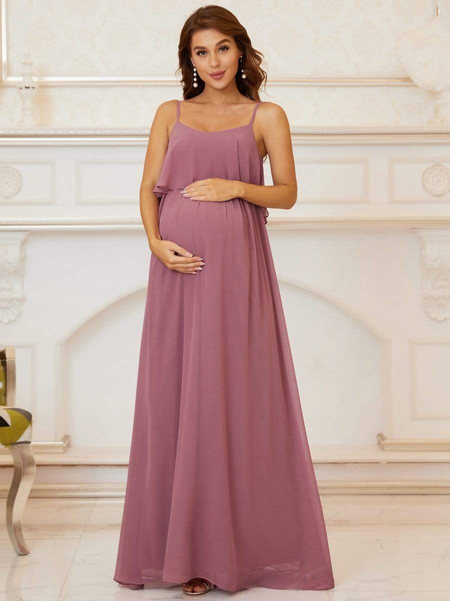 Ruffle Top Spaghetti Strap A-Line Maternity Dress #color_Purple Orchid 