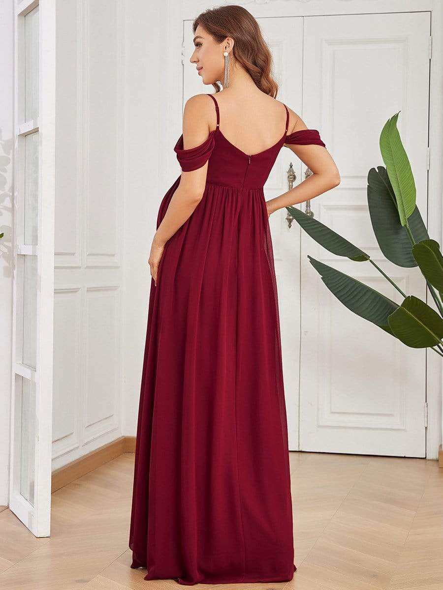 Off-Shoulder Spaghetti Strap A-Line Maternity Dress #color_Burgundy