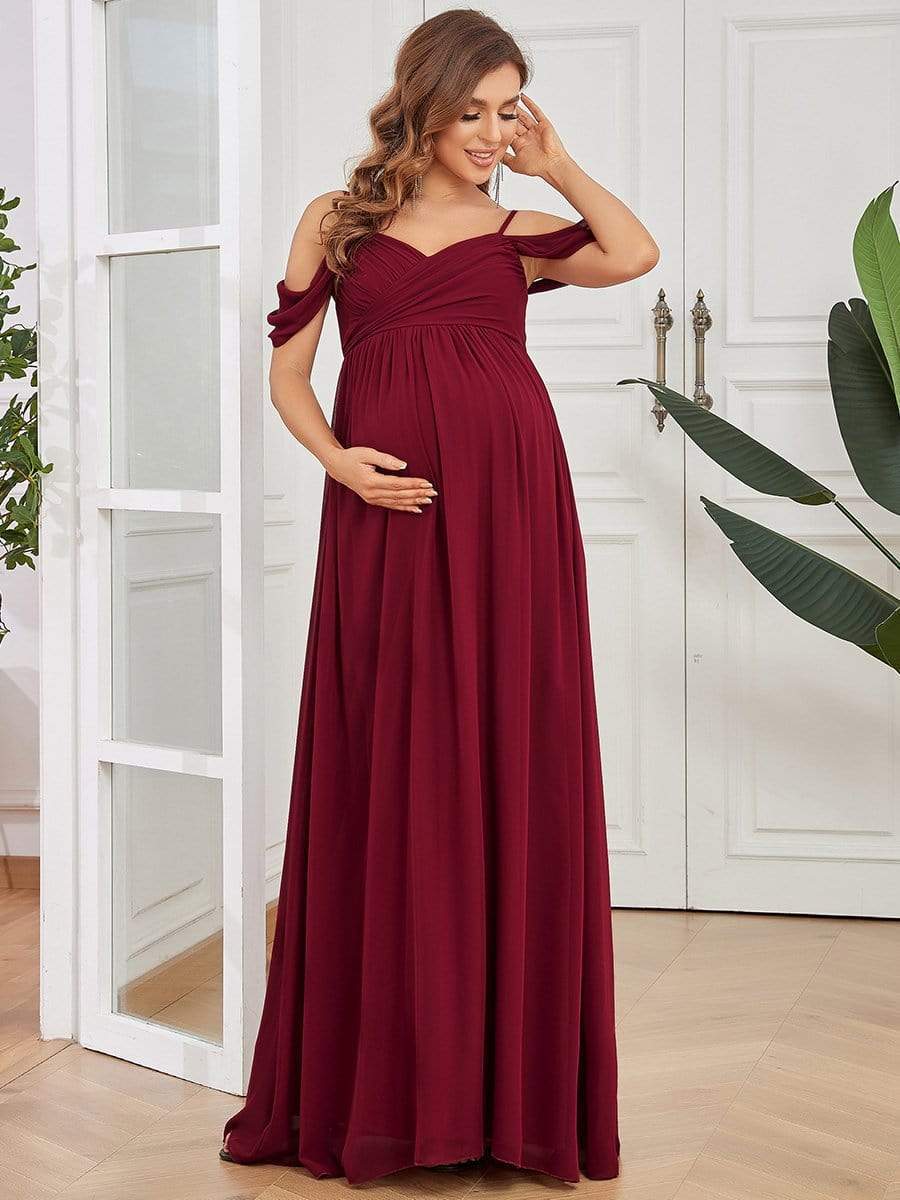 Off-Shoulder Spaghetti Strap A-Line Maternity Dress #color_Burgundy