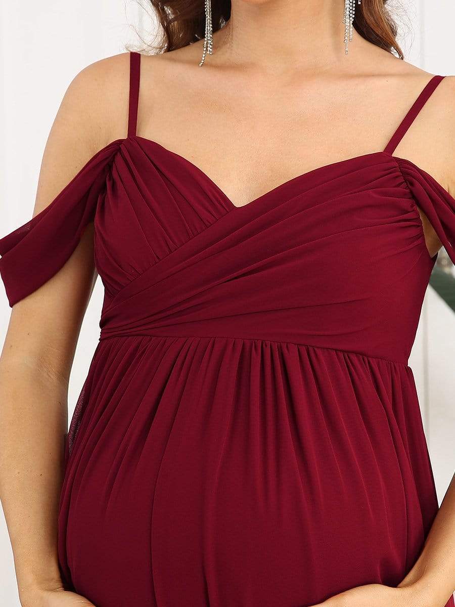 Off-Shoulder Spaghetti Strap A-Line Maternity Dress #color_Burgundy