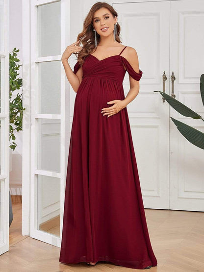 Off-Shoulder Spaghetti Strap A-Line Maternity Dress #color_Burgundy