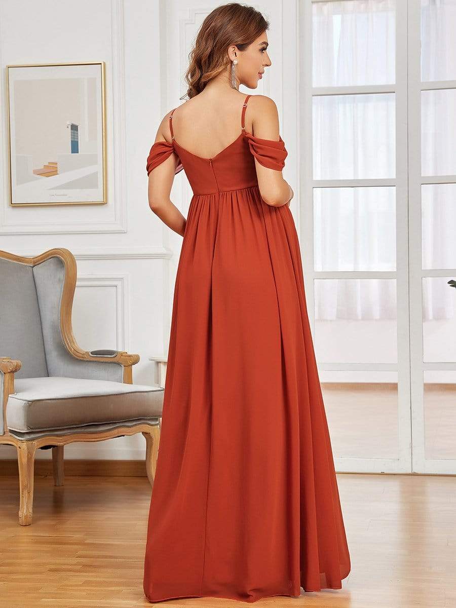 Off-Shoulder Spaghetti Strap A-Line Maternity Dress #color_Burnt Orange