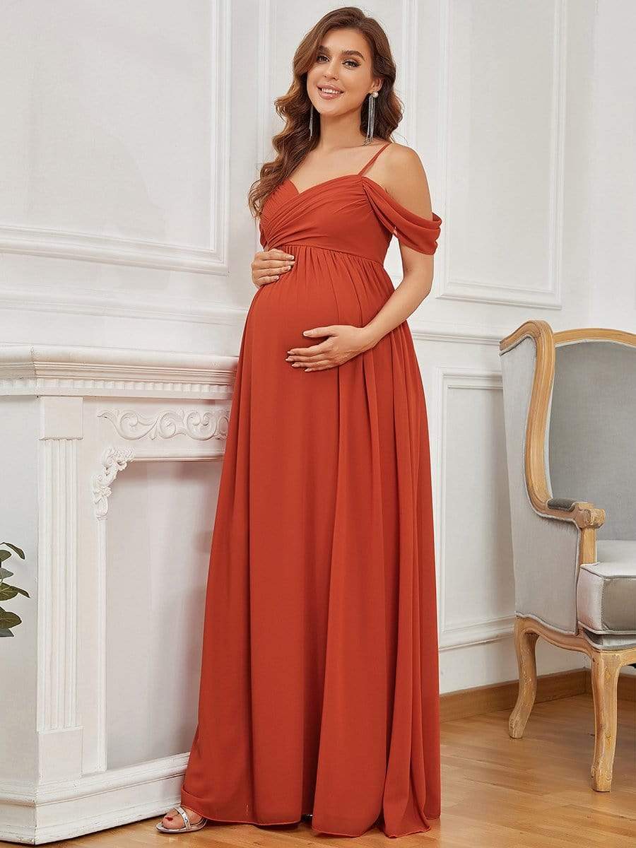 Off-Shoulder Spaghetti Strap A-Line Maternity Dress #color_Burnt Orange