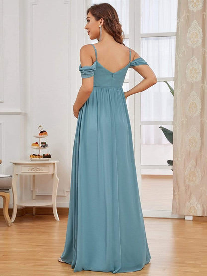 Off-Shoulder Spaghetti Strap A-Line Maternity Dress #color_Dusty blue