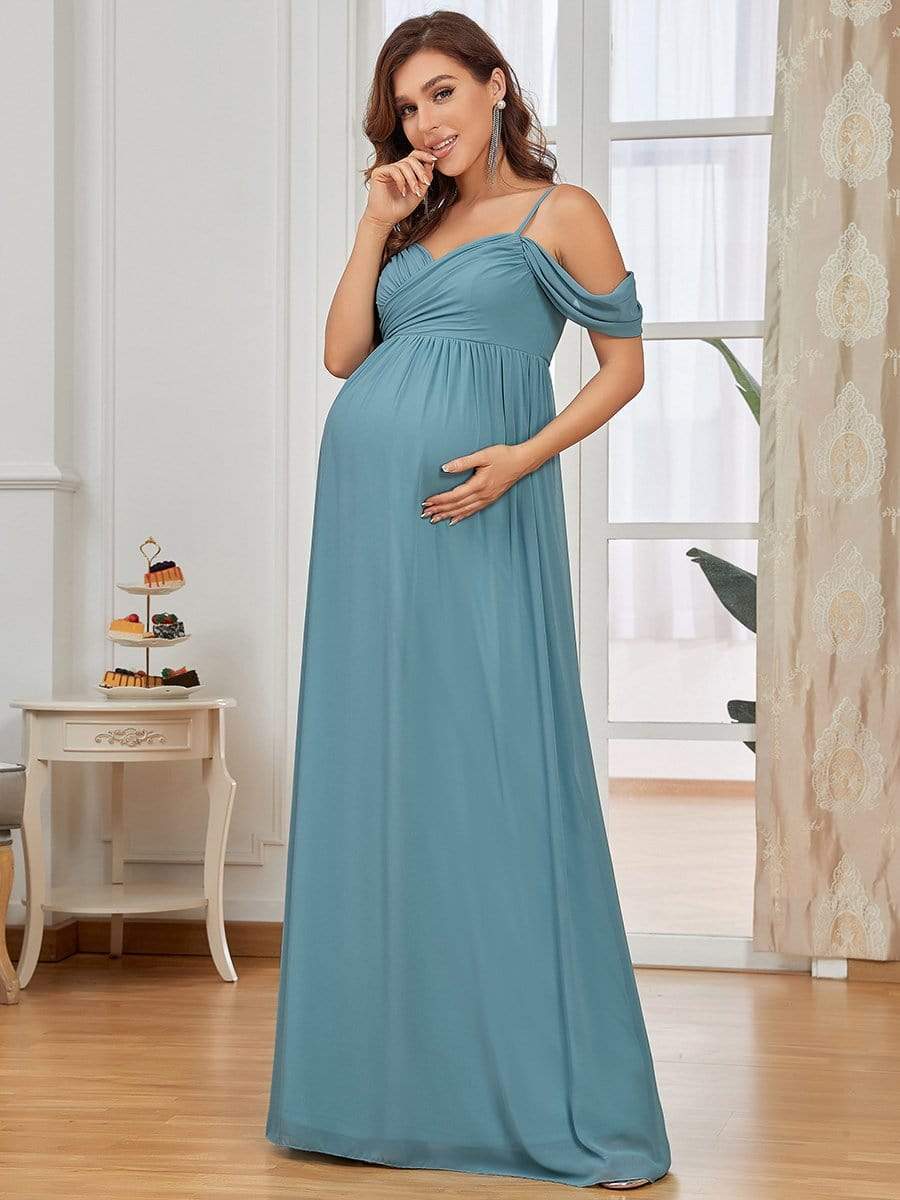 Off-Shoulder Spaghetti Strap A-Line Maternity Dress #color_Dusty blue