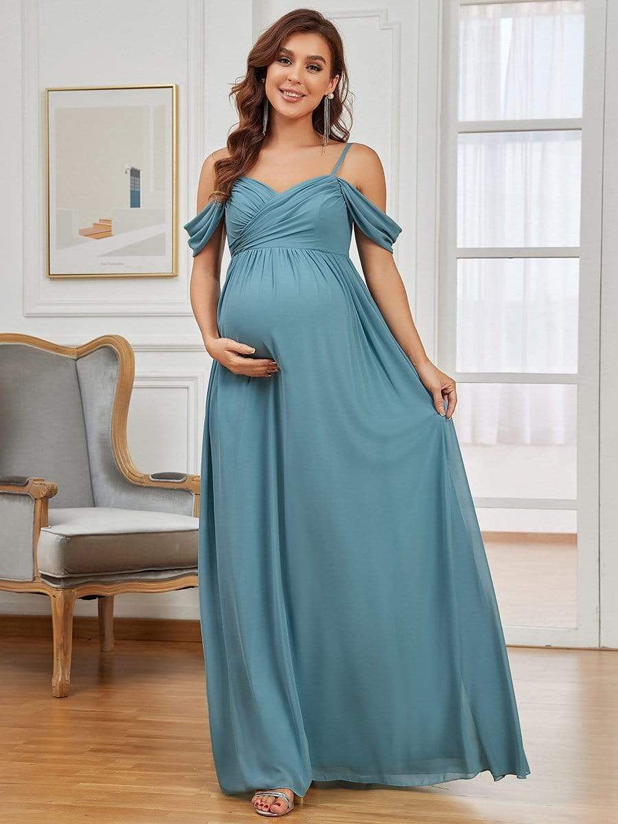 Off-Shoulder Spaghetti Strap A-Line Maternity Dress #color_Dusty blue