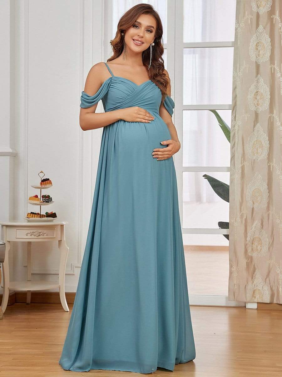 Off-Shoulder Spaghetti Strap A-Line Maternity Dress #color_Dusty blue