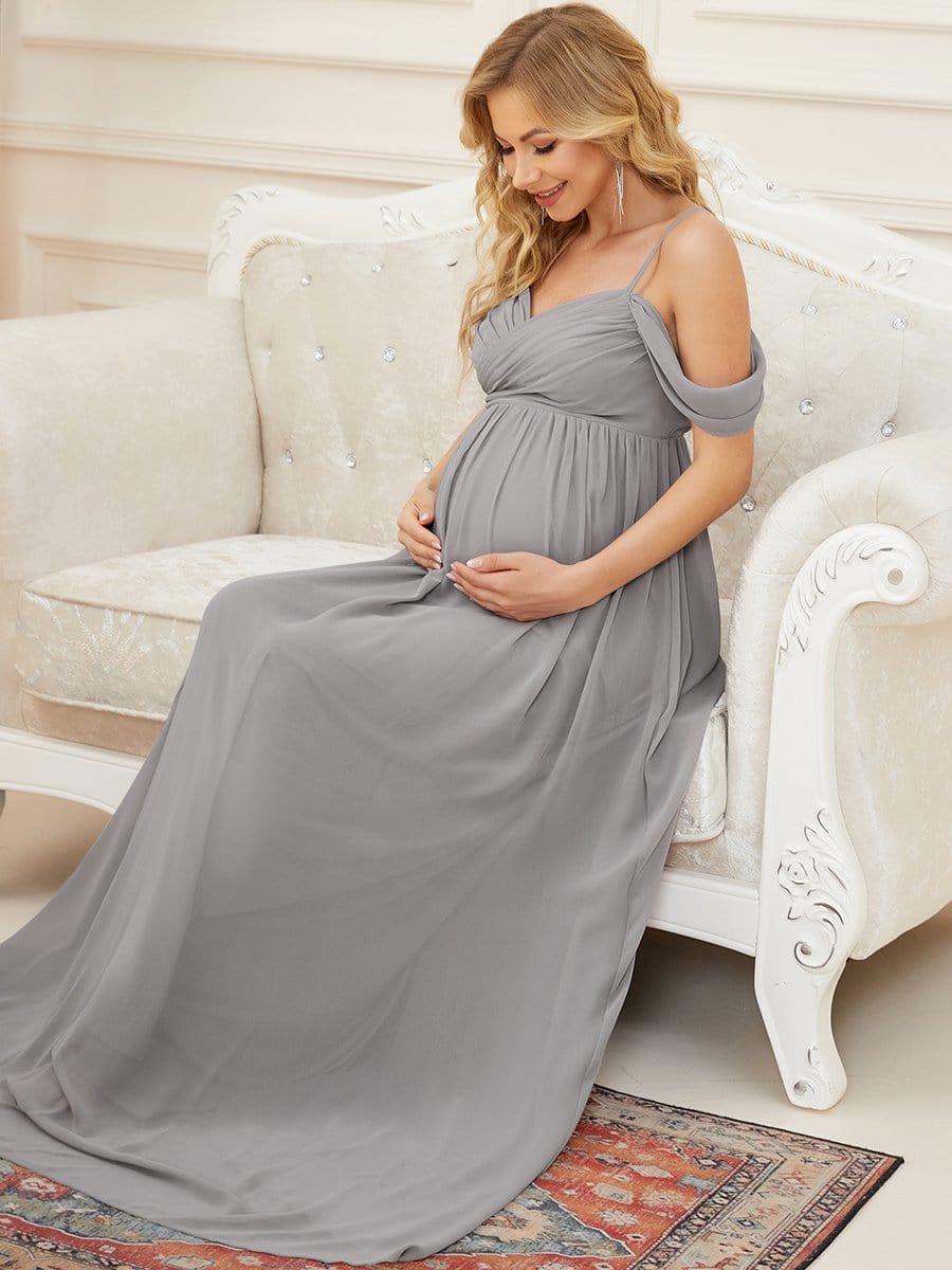 Off-Shoulder Spaghetti Strap A-Line Maternity Dress #color_Grey