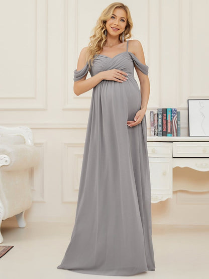 Off-Shoulder Spaghetti Strap A-Line Maternity Dress #color_Grey