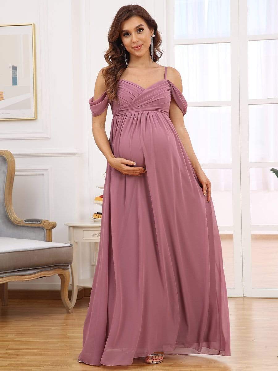 Off-Shoulder Spaghetti Strap A-Line Maternity Dress #color_Purple Orchid