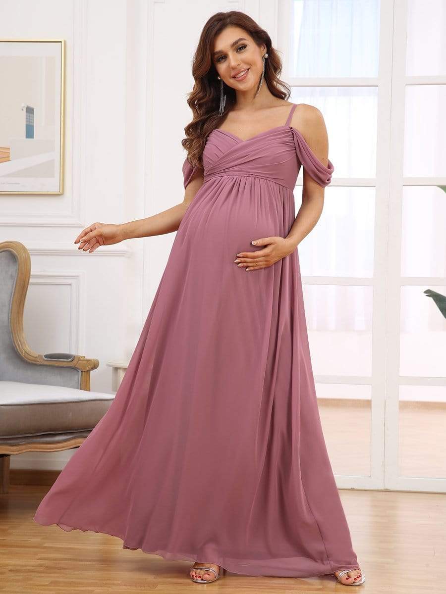 Off-Shoulder Spaghetti Strap A-Line Maternity Dress #color_Purple Orchid