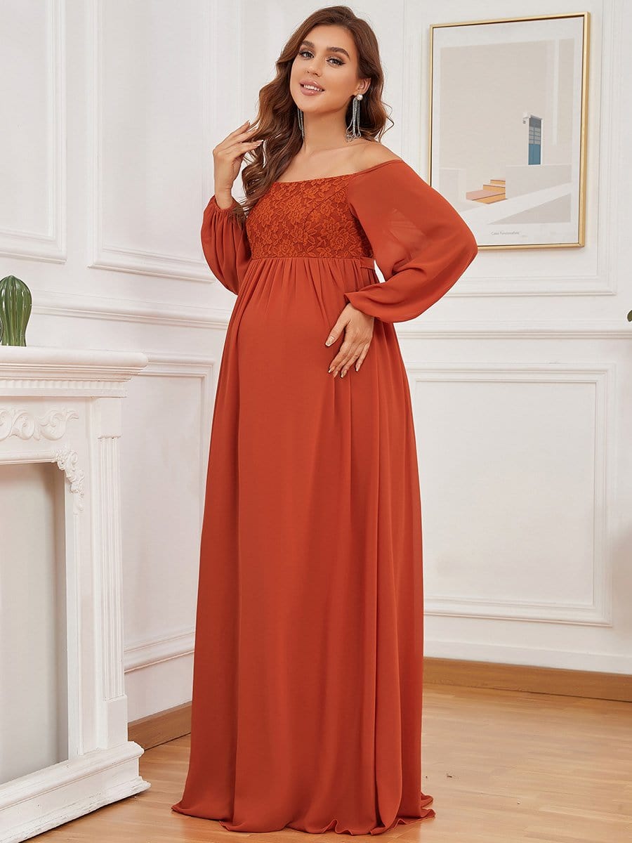 Off-Shoulder Sheer Lace Long Sleeve Bump Friendly Dress #color_Burnt Orange  