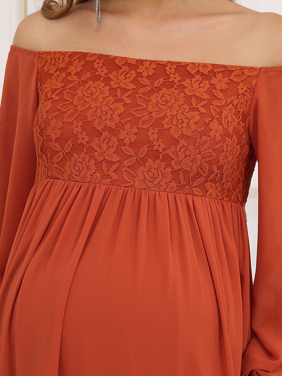 Off-Shoulder Sheer Lace Long Sleeve Bump Friendly Dress #color_Burnt Orange  