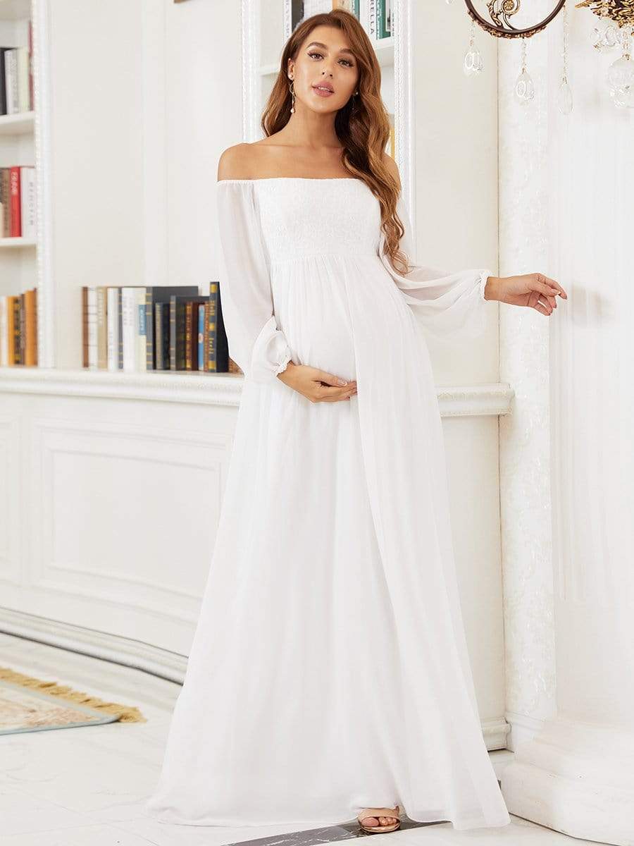 Off-Shoulder Sheer Lace Long Sleeve Bump Friendly Dress #color_Cream 