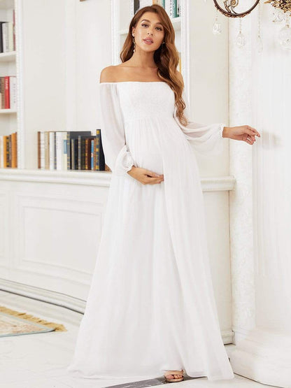 Off-Shoulder Sheer Lace Long Sleeve Bump Friendly Dress #color_Cream 